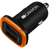 CANYON C-02 Universal 2xUSB car adapter, Input 12V-24V, Output 5V-2.1A, with Smart IC, black rubber coating with orange electroplated ring(without LED backlighting), 51.8*31.2*26.2mm, 0.016kg_0