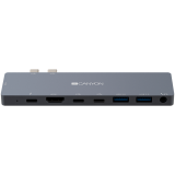 CANYON DS-8 Multiport Docking Station with 8 port, 1*Type C PD100W+2*Type C data+2*HDMI+2*USB3.0+1*Audio. Input 100-240V, Output USB-C PD100W&USB-A 5V/1A, Aluminium alloy, Space gray, 135*48*10mm, 0.056kg_0