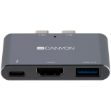 CANYON DS-1 Multiport Docking Station with 3 port, with Thunderbolt 3 Dual type C male port, 1*Thunderbolt 3 female+1*HDMI+1*USB3.0. Input 100-240V, Output USB-C PD100W&USB-A 5V/1A, Aluminium alloy, Space gray, 59*35.5*10mm, 0.028kg_0