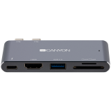 CANYON DS-5 Multiport Docking Station with 5 port, with Thunderbolt 3 Dual type C male port, 1*Thunderbolt 3 female+1*HDMI+1*USB3.0+1*SD+1*TF. Input 100-240V, Output USB-C PD100W&USB-A 5V/1A, Aluminium alloy, Space gray, 90*41*11mm, 0.04kg_0