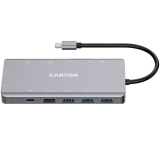 CANYON DS-12, 13 in 1 USB C hub, with 2*HDMI, 3*USB3.0: support max. 5Gbps, 1*USB2.0: support max. 480Mbps, 1*PD: support max 100W PD, 1*VGA,1* Type C data, 1*Glgabit Ethernet, 1*3.5mm audio jack, cable 15cm, Aluminum alloy housing,130*57.5*15 mm,DarK gray_0