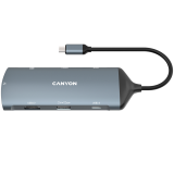 CANYON DS-15 8 in 1 hub, with 1*HDMI,1*Gigabit Ethernet,1*USB C female:PD3.0 support max60W,1*USB C male :PD3.0 support max100W,2*USB3.1:support max 5Gbps,1*USB2.0:support max 480Mbps, 1*SD, cable 15cm, Aluminum alloy housing,133.24*48.7*15.3mm,Dark grey_0