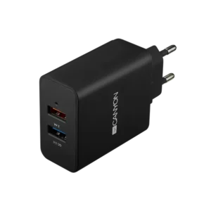 CANYON H-07 Universal 2xUSB AC charger (in wall) with over-voltage protection(1 USB with Quick Charger QC3.0), Input 100V-240V, Output USB/5V-2.4A+QC3.0/5V-2.4A&9V-2A&12V-1.5A, with Smart IC, Black rubber coating+QC3.0 port in blue/other port in orange, 9_0