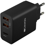 CANYON H-08, Universal 3xUSB AC charger (in wall) with over-voltage protection(1 USB-C with PD Quick Charger), Input 100V-240V, Output USB-A/5V-2.4A+USB-C/PD30W, with Smart IC, Black Glossy Color+orange plastic part of USB, 96.8*52.48*28.5mm, 0.092kg_0