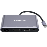 CANYON  8 in 1 USB C hub, with 1*HDMI: 4K*30Hz, 1*VGA, 1*Type-C PD charging port, Max 100W PD input. 3*USB3.0,transfer speed up to 5Gbps. 1*Glgabit Ethernet, 1*3.5mm audio jack, cable 15cm, Aluminum alloy housing,95*55*17.6 mm, 107g, Dark grey_0