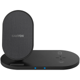 CANYON WS-202 2in1 Wireless charger, Input 5V/3A, 9V/2.67A, Output 10W/7.5W/5W, Type c cable length 1.2m, PC+ABS,with PU part ,180*86*111.1mm, 0.185Kg,Black_0