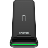CANYON WS-304, Foldable 3in1 Wireless charger, with touch button for Running water light, Input 9V/2A, 12V/1.5AOutput 15W/10W/7.5W/5W, Type c to USB-A cable length 1.2m, with QC18W EU plug,132.51*75*28.58mm, 0.168Kg, Black_0