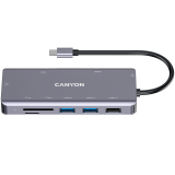 CANYON DS-11, 9 in 1 USB C hub, with 1*HDMI: 4K*30Hz,1*Gigabit Ethernet,, 1*Type-C PD charging port, Max 100W PD input. 2*USB3.0,transfer speed up to 5Gbps. 1*USB 2.0, 1*SD, 1*3.5mm audio jack, cable 18cm, Aluminum alloy housing115*46*15 mm, 88.5g, Dark gre_0
